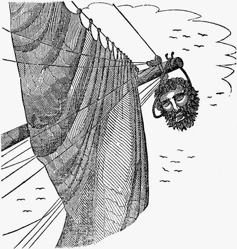 Blackbeard's head hangs from the ship of Robert Maynard