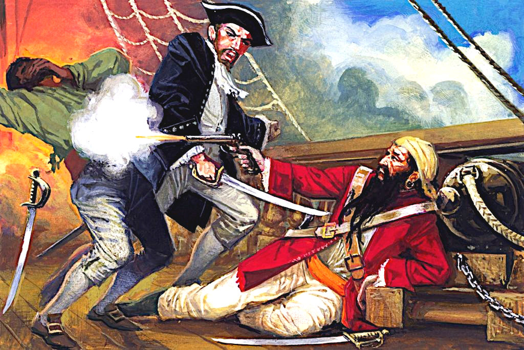 Blackbeard is shot and cut by sword wounds. Damn you for Villains, who are you? And, from whence came you? The Lieutenant made him Answer, You may see by our Colours we are no Pyrates. Black-beard bid him send his Boat on Board, that he might see who he was; but Mr. Maynard reply'd thus; I cannot spare my Boat, but I will come aboard of you as soon as I can, with my Sloop. Upon this, Black-beard took a Glass of Liquor and drank to him with these Words: Damnation seize my Soul if I give you Quarters, or take any from you. In Answer to which, Mr. Maynard told him, That he expected no Quarters from him, nor should he give him any.